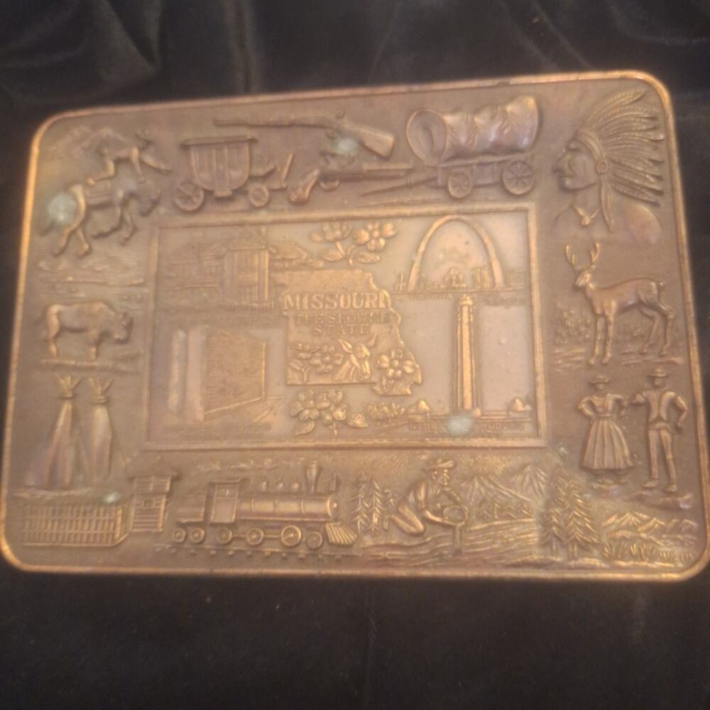 VTG Antique Rare Solid Brass Tray Display 6.5’x4,8’ Missouri The Show Me State